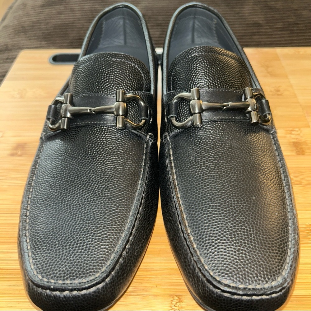 Salvatore Ferragamo Black Leather Loafers with Horse-Bit Detail